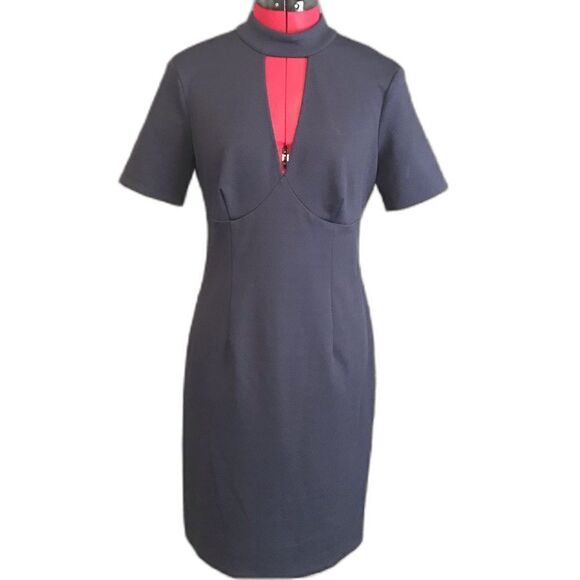 Trina Turk Dress Women’s Size 4 Navy Blue Short Sleeve V-Neck Zipper - Picture 1 of 6